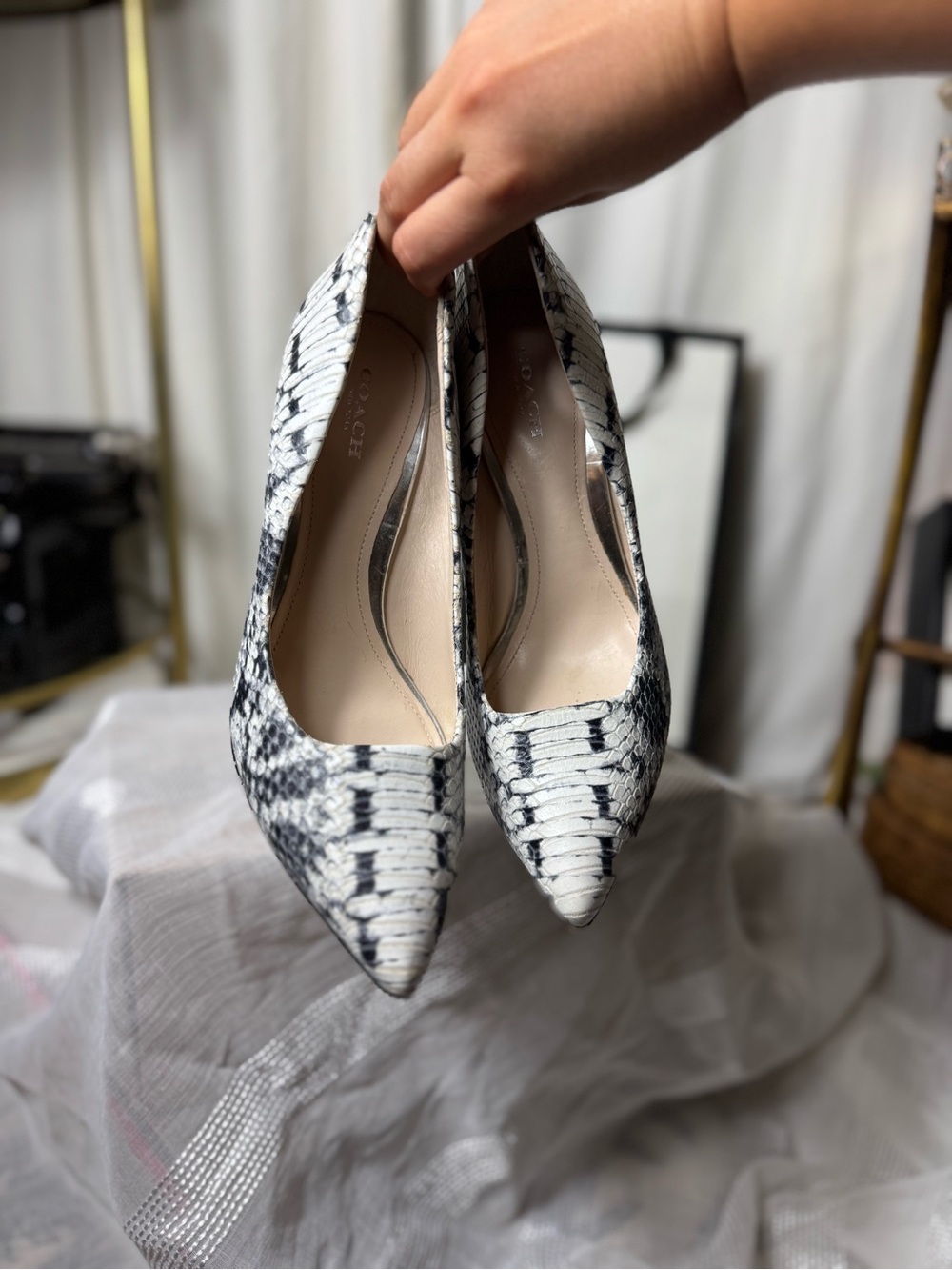 Coach Black and White Snakeskin Pointed Wedge Pumps